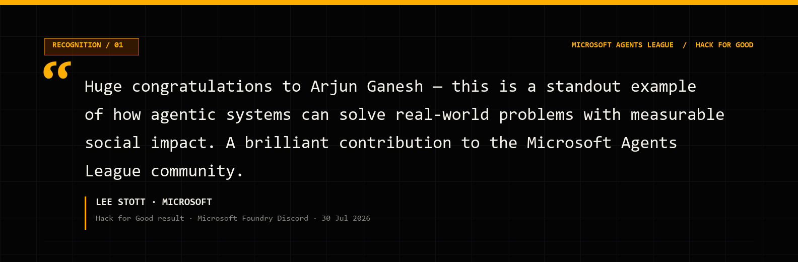 Lee Stott of Microsoft congratulates Arjun Ganesh for ARGUS and its measurable social impact