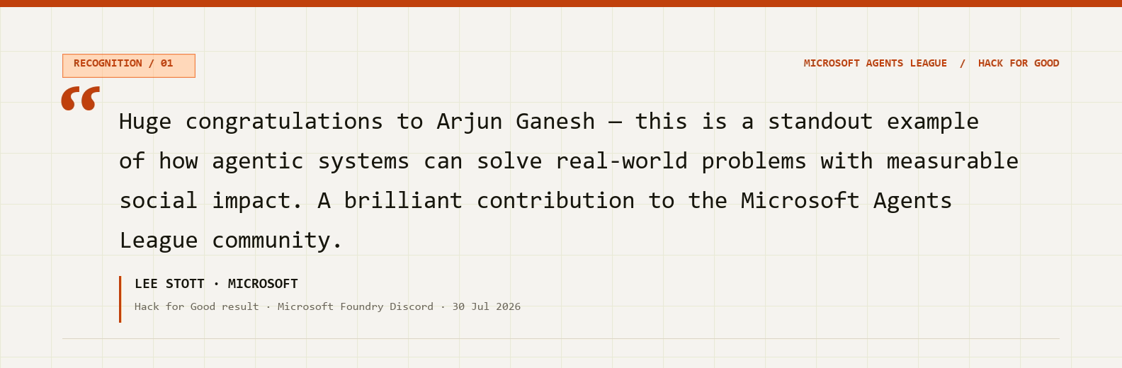 Lee Stott of Microsoft congratulates Arjun Ganesh for ARGUS and its measurable social impact